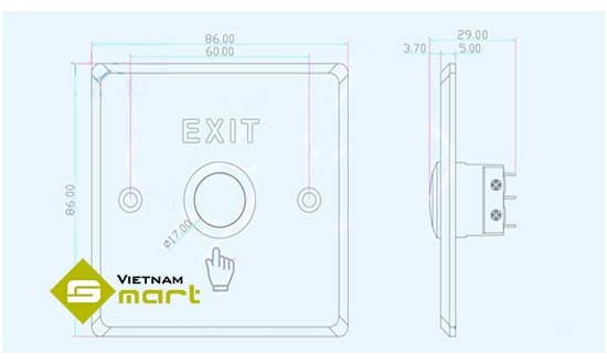 Kích thước tổng quan các cạnh của nút bấm exit PBK-810C