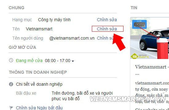 Ở phần Cài đặt chung, ngay cạnh phần tên fanpage các bạn chọn Chỉnh sửa