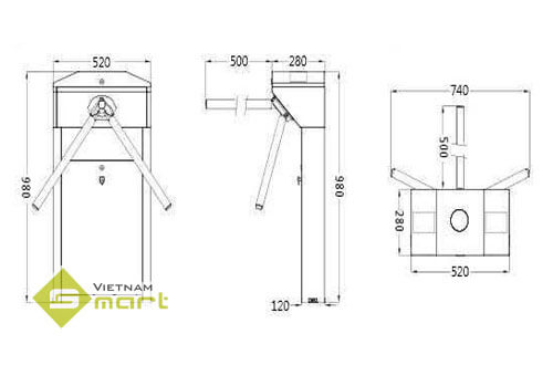 Tổng quan kích thước của model cổng xoay 3 càng TS1000