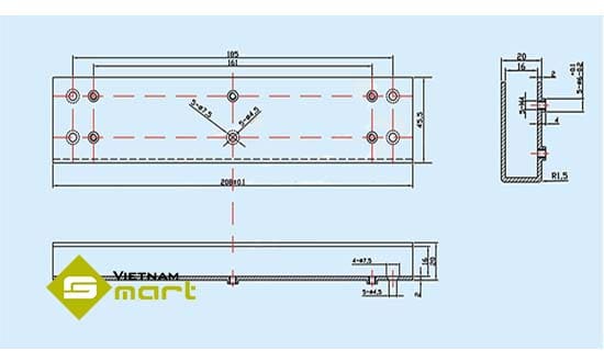 Bản vẽ cấu tạo của sản phẩm bộ gá khóa cho cửa kính BBF-700