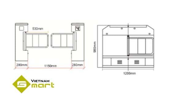 Kích thước các cạnh của cổng swing U570-D