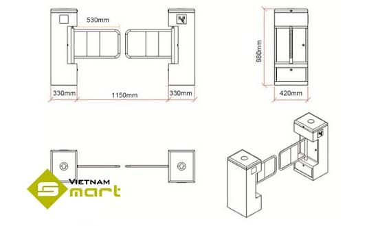 Kích thước các cạnh của cổng swing barrier UT-570C