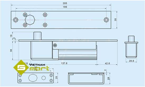 Kích thước tổng quan của khóa chốt rơi YB100+