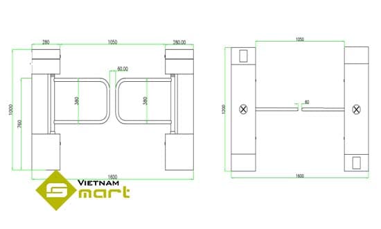 Kích thước các cạnh của sản phẩm swing barrier SBTL-2000