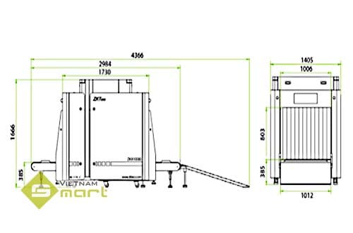 Kích thước chi tiết các cạnh của thiết bị soi hành lý ZKX10080