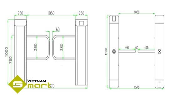 Kích thước tổng quan các cạnh của sản phẩm swing barrier SBTL-3000