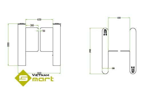 Kích thước tổng quan của sản phẩm swing barrier SBTL5000 Series