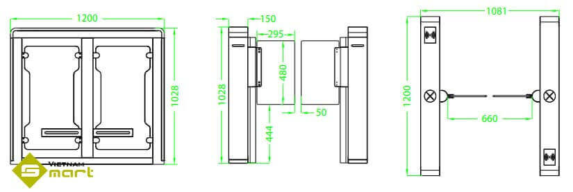 Kích thước tổng quan các cạnh của thiết bị cổng an ninh SBTL7000