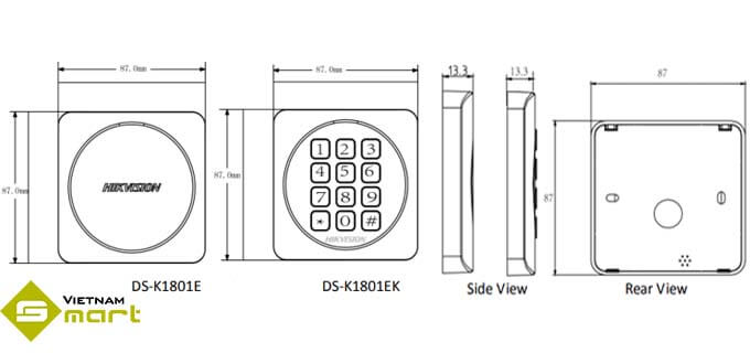 Tổng quan về kích thước của đầu đọc thẻ Hikvision DS-K1801E