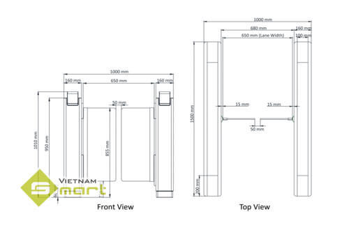 Kích thước chi tiết các cạnh của model swing barrier DS-K3B801SX