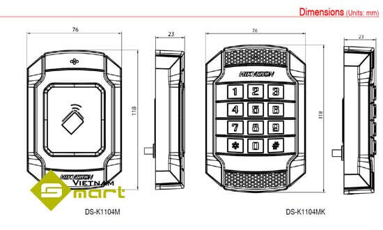 Tổng quan kích thước các cạnh của sản phẩm DS-K1104M và DS-K1104MK