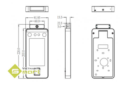 Kích thước các cạnh của thiết bị ZKTeco SpeedFace-V5L[QR]