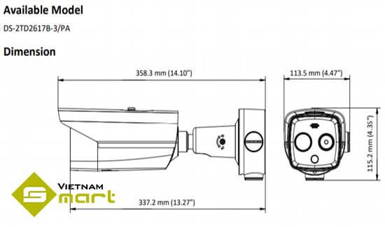 Tổng quan kích thước các cạnh của sản phẩm DS-2TD2617B-3PA 